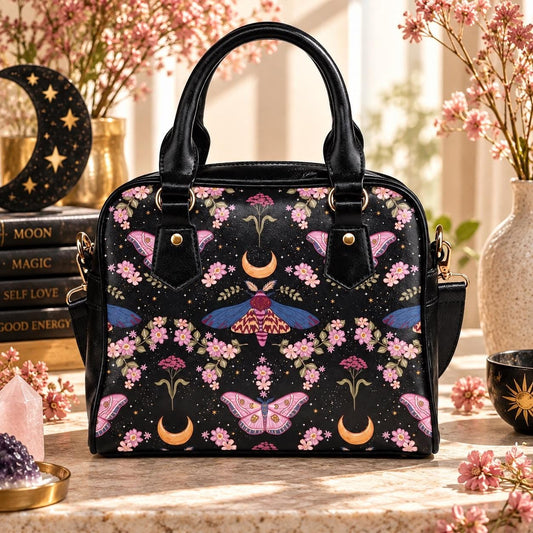 Celestial Moth Purse, Moon Phase Satchel Bag, Witchy Floral Handbag