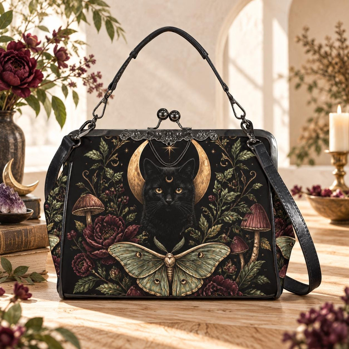 Black Cat Crescent Moon Kiss Lock Handbag with Luna Moth and Crossbody Strap
