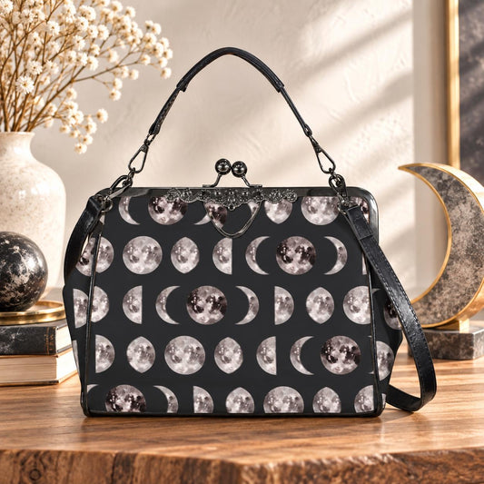 Moon Phase Kiss Lock Bag, Celestial Gothic Purse, Witchy Shoulder Handbag