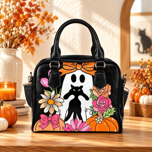 Halloween Ghost Cat Handbag, Floral Pumpkin Purse, Spooky Cute Bowler Bag