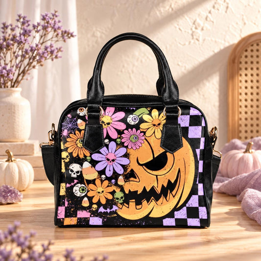 Pastel Floral Skull Pumpkin Purse, Spooky Halloween Crossbody Handbag