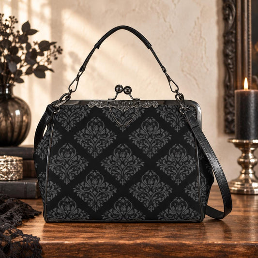 Black Damask Frame Handbag, Victorian Kisslock Evening Bag, Ornate Top Handle Purse
