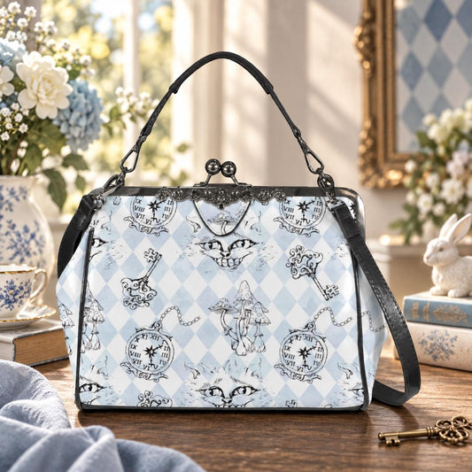 Kiss Lock Cat Handbag, Whimsical Mushroom Purse, Vintage Storybook Satchel