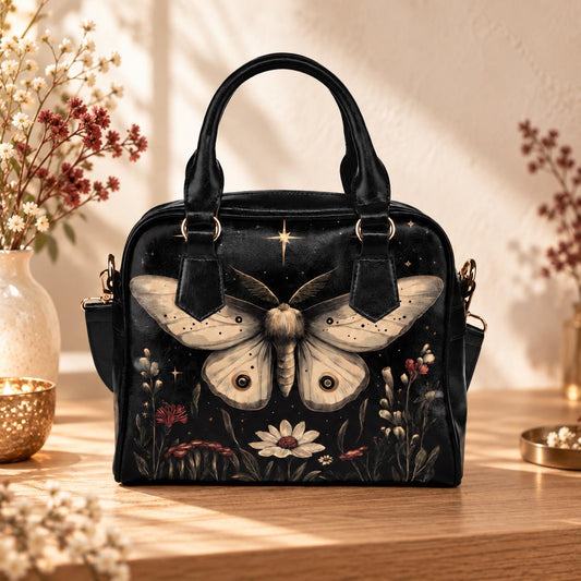 Moon Moth Satchel Bag, Dark Botanical Night Garden Crossbody, Vegan Faux Leather
