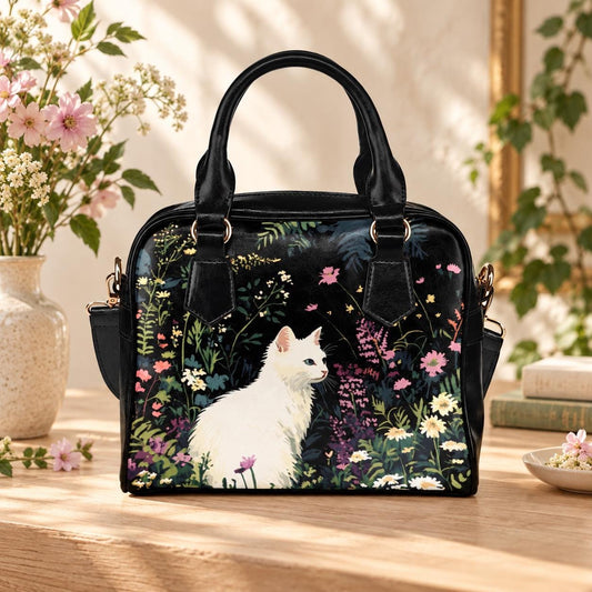 White Cat Satchel Bag, Floral Cottagecore Purse, Garden Handbag Gift for Cat Lover