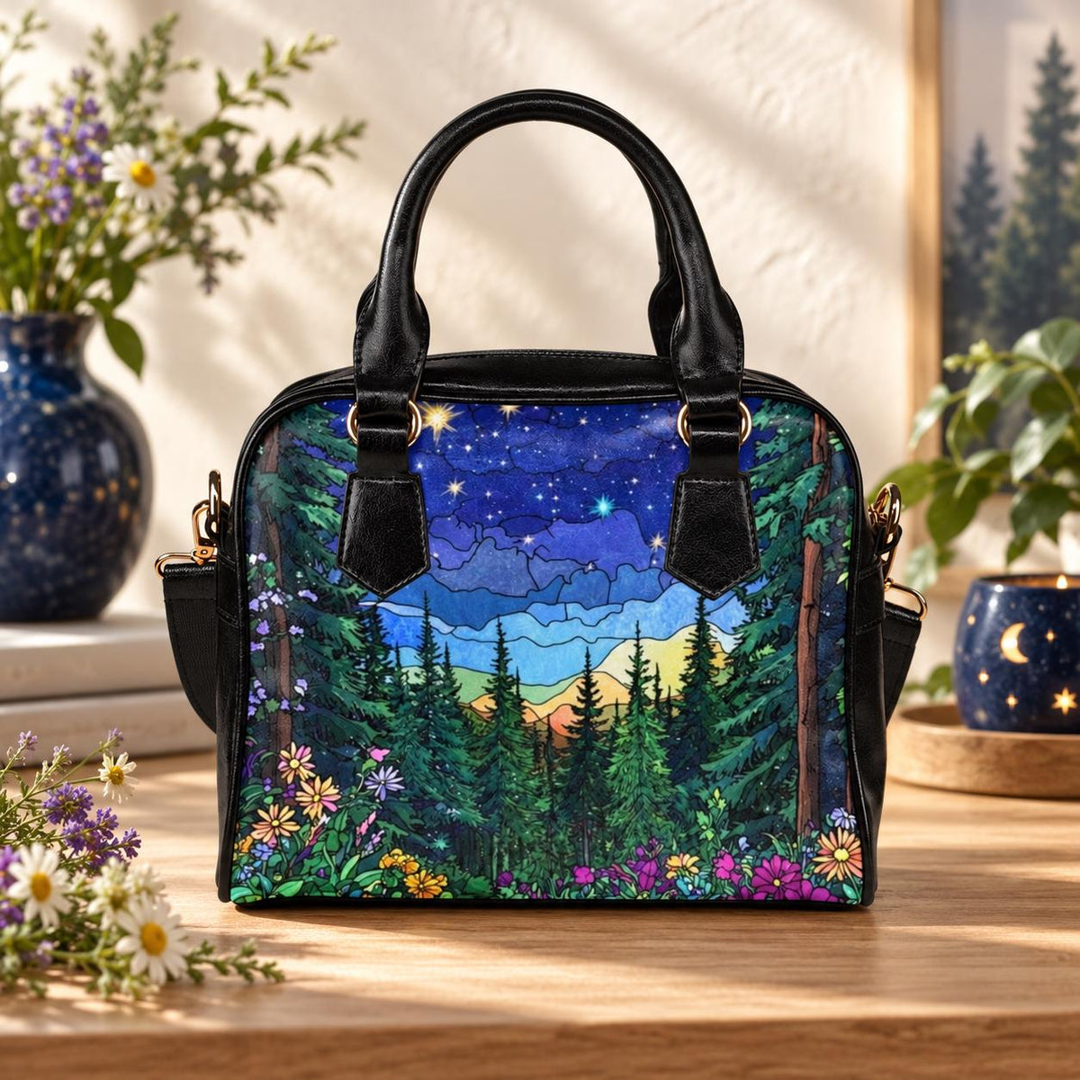 Stained Glass Forest Handbag, Starry Night Woodland Shoulder Bag, Nature Lover Purse