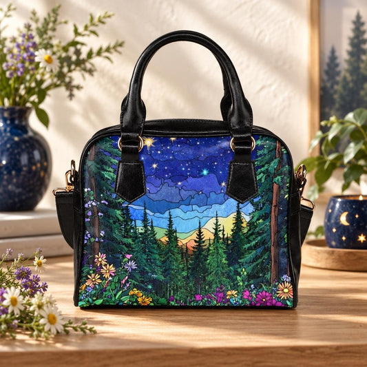 Starry forest satchel purse, mountain night handbag, outdoor crossbody