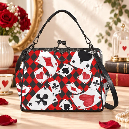 Alice in Wonderland Kisslock Bag, Queen of Hearts Purse, Red Harlequin Handbag