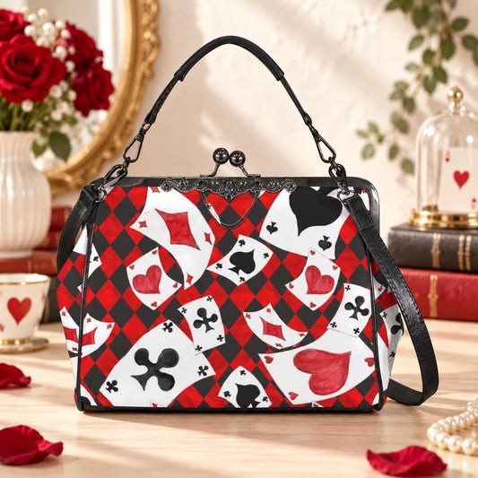 Alice in Wonderland Kisslock Bag, Queen of Hearts Purse, Red Harlequin Handbag