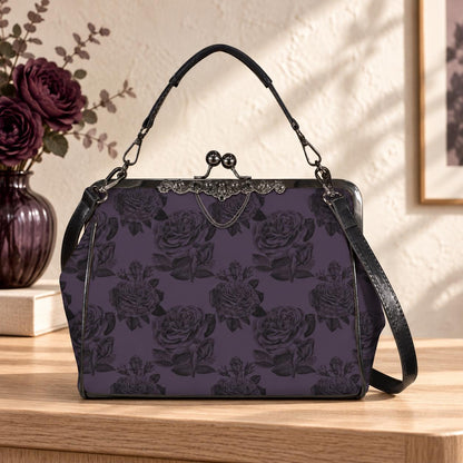 Gothic Rose Handbag, Dark Purple Kiss Lock Purse, Victorian Crossbody Bag