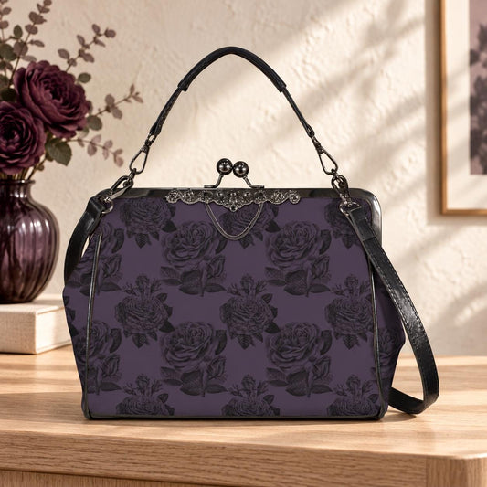 Purple rose kisslock bag, vintage floral frame handbag, dark romance top handle purse