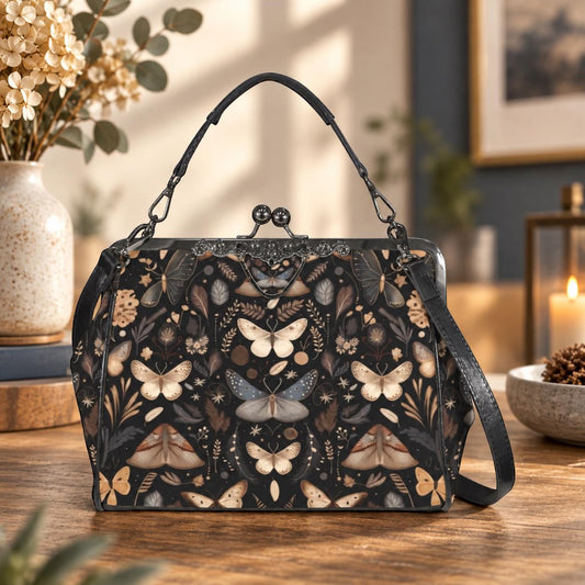 Vintage Moth Print Handbag: Botanical Clasp Purse