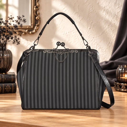 Black Striped Kisslock Bag - Dark Academia Witchcore Gothic Purse Retro Clasp Handbag