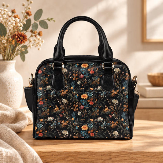 Dark Floral Satchel, Witchy Botanical Handbag, Cottagecore Purse