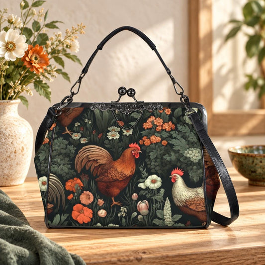 Rooster Floral Kisslock Bag, Vintage Cottage Farmhouse Handbag, Chicken Print Purse