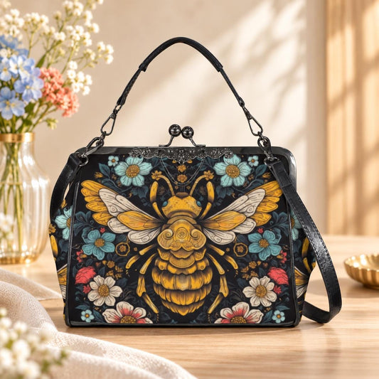 Honeybee Floral Kisslock Bag, Nature Inspired Purse, Vintage Handbag