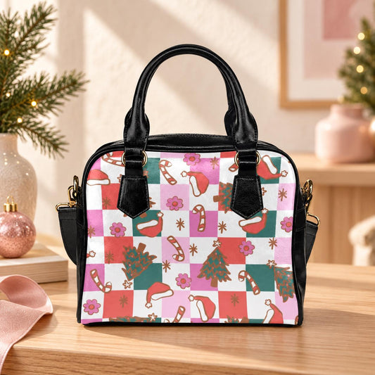 Pink Christmas Purse, Retro Holiday Handbag, Candy Cane Checkerboard Satchel