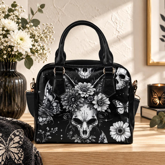 Gothic Skull Floral Crossbody Bag: Black & White Daisies, Butterflies, Horned Skull Print (Vegan Leather)