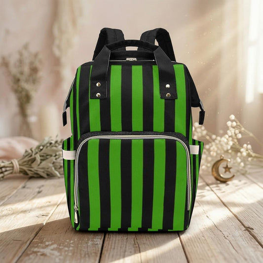 Striped Diaper Bag Backpack, Green Black Baby Travel Bag, Mom Stroller Organizer
