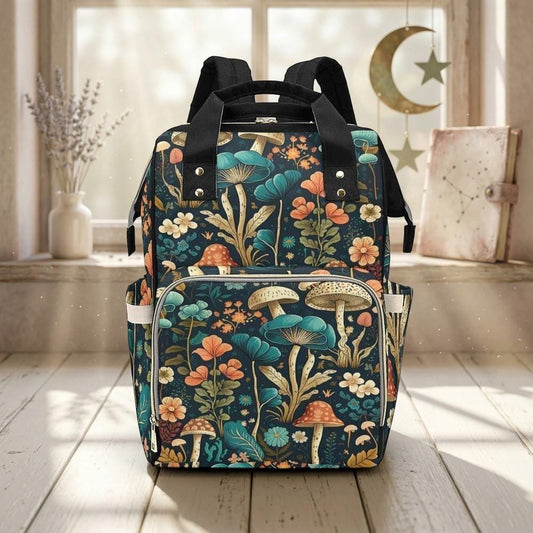 Forest Mushroom Diaper Backpack, Moody Botanical Baby Bag, Boho Woodland Nappy Bag