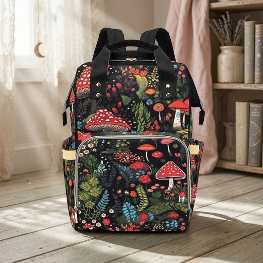 Mushroom Forest Diaper Backpack, Cottagecore Baby Bag, Whimsical Woodland Nappy Bag