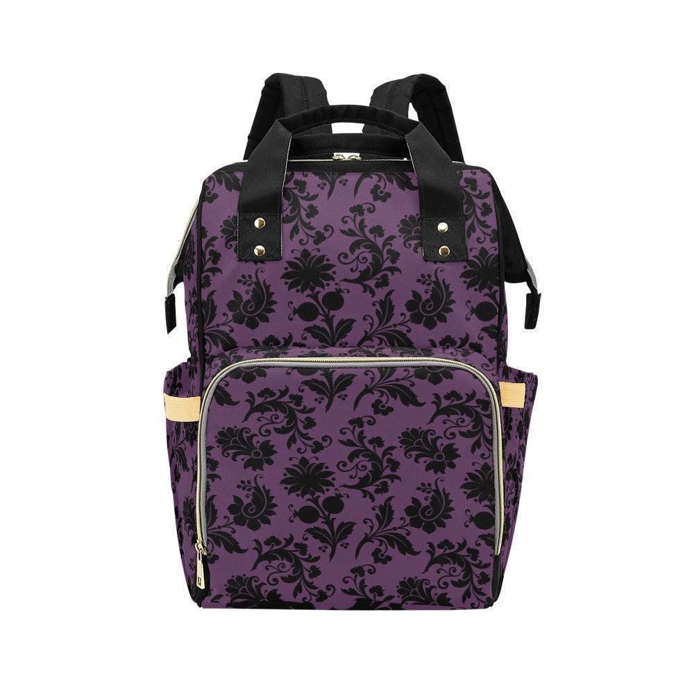 Purple Damask Diaper Bag Backpack, Gothic Witchy Mom Travel Bag