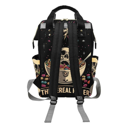 Skull Diaper Bag Backpack, Funny Goth Baby Bag with Cereal Killer Print, Halloween Nursery Backpack for New Parents