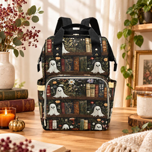 Ghost Floral Bookshelf Backpack, Spooky Goth Mom Diaper Travel Bag