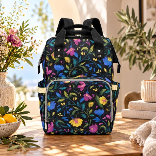Dark Floral Diaper Bag Backpack, Wildflower Baby Travel Organizer, Large Capacity Bag