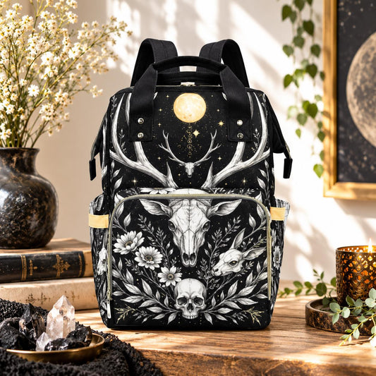 Gothic Diaper Backpack, Deer Skull Celestial Moon Baby Bag, Black White Mom Travel