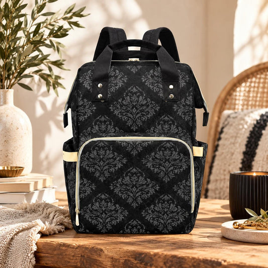 Black Damask Diaper Backpack, Gothic Victorian Baby Travel Organizer