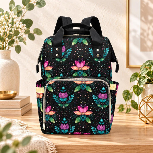 Boho Diaper Bag Backpack, Folk Art Tulip Print, Colorful Baby Travel Organizer
