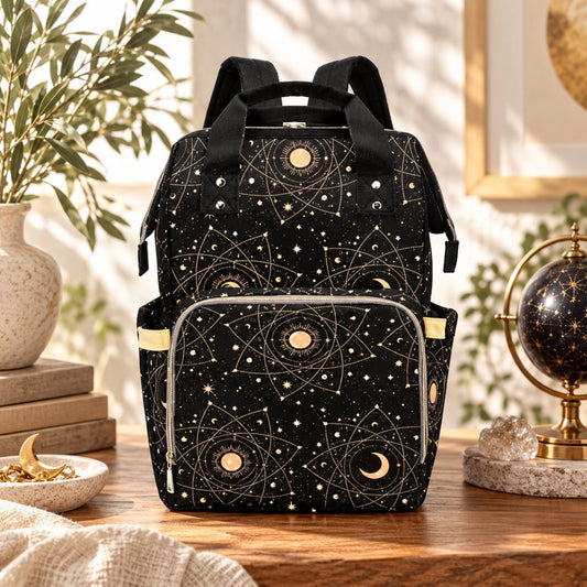 Celestial Diaper Bag Backpack, Sun Moon Witchy Mom Travel Bag, Gold Star Nursery Organizer