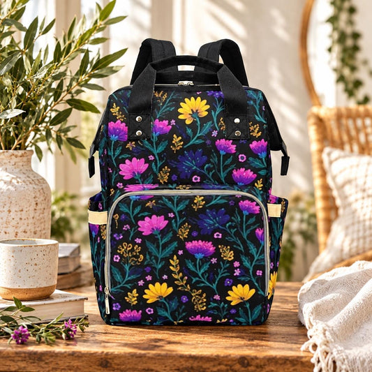 Dark Wildflower Diaper Bag Backpack, Cottagecore Floral Nursery Organizer