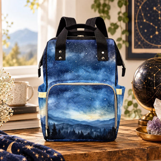 Celestial Diaper Bag Backpack, Watercolor Night Sky Forest Print, Starry Mountain Baby Travel Bag