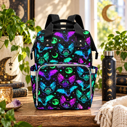 Neon Bat Diaper Backpack, Halloween Moon Stars Baby Bag, Goth Mom Travel Backpack