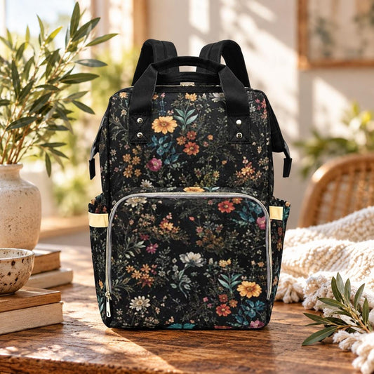 Dark Floral Diaper Backpack, Vintage Wildflower Baby Bag, Boho Mom Travel Bag