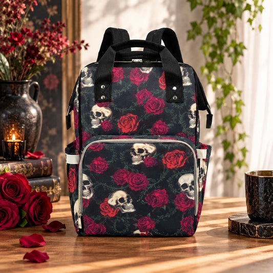 Skull Rose Diaper Bag Backpack, Gothic Dark Floral Baby Travel Bag