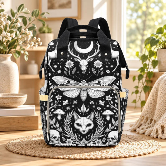 Witchy Diaper Bag Backpack, Celestial Moth Deer Skull Print Baby Bag, Goth Nursery Organizer