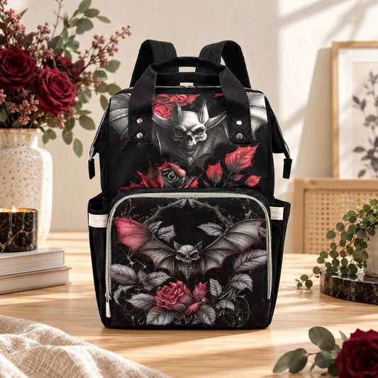 Goth Diaper Backpack, Bat Skull Rose Baby Bag, Witchy Mom Travel Backpack
