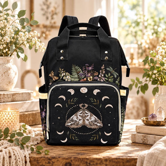 Moth Moon Phase Diaper Backpack, Celestial Witchy Baby Bag, Mystic Nursery Tote