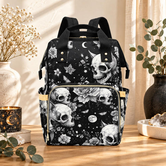 Skull Rose Diaper Bag Backpack, Gothic Floral Moon Print Mom Bag