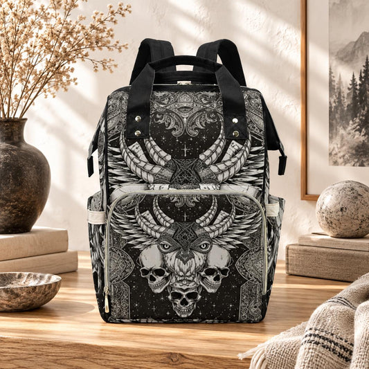 Gothic Ram Skull Diaper Bag Backpack, Occult Baby Travel Nursery Organizer
