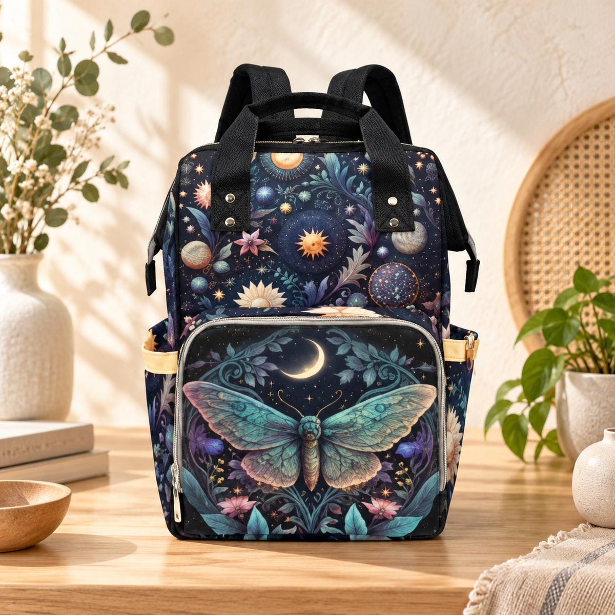 Celestial Moth Diaper Bag Backpack, Boho Moon Star Baby Organizer Bag