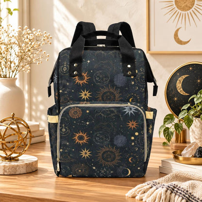 Celestial Sun and Moon Diaper Backpack, Astrology Pattern Baby Bag, Cosmic Travel Parent Bag
