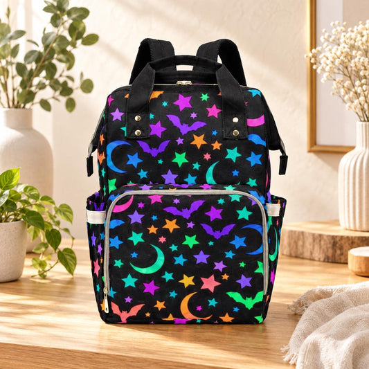 Neon Halloween Diaper Bag, Rainbow Bat Moon Star Backpack for Mom