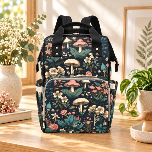Mushroom Diaper Bag Backpack, Dark Botanical Floral Baby Travel Bag, Cottagecore Nappy Pack