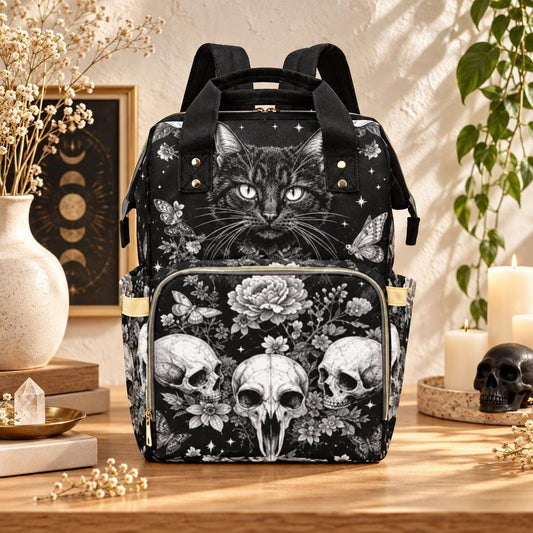 Goth Diaper Bag Backpack, Black Cat Baby Travel Bag, Skull Stroller Organizer
