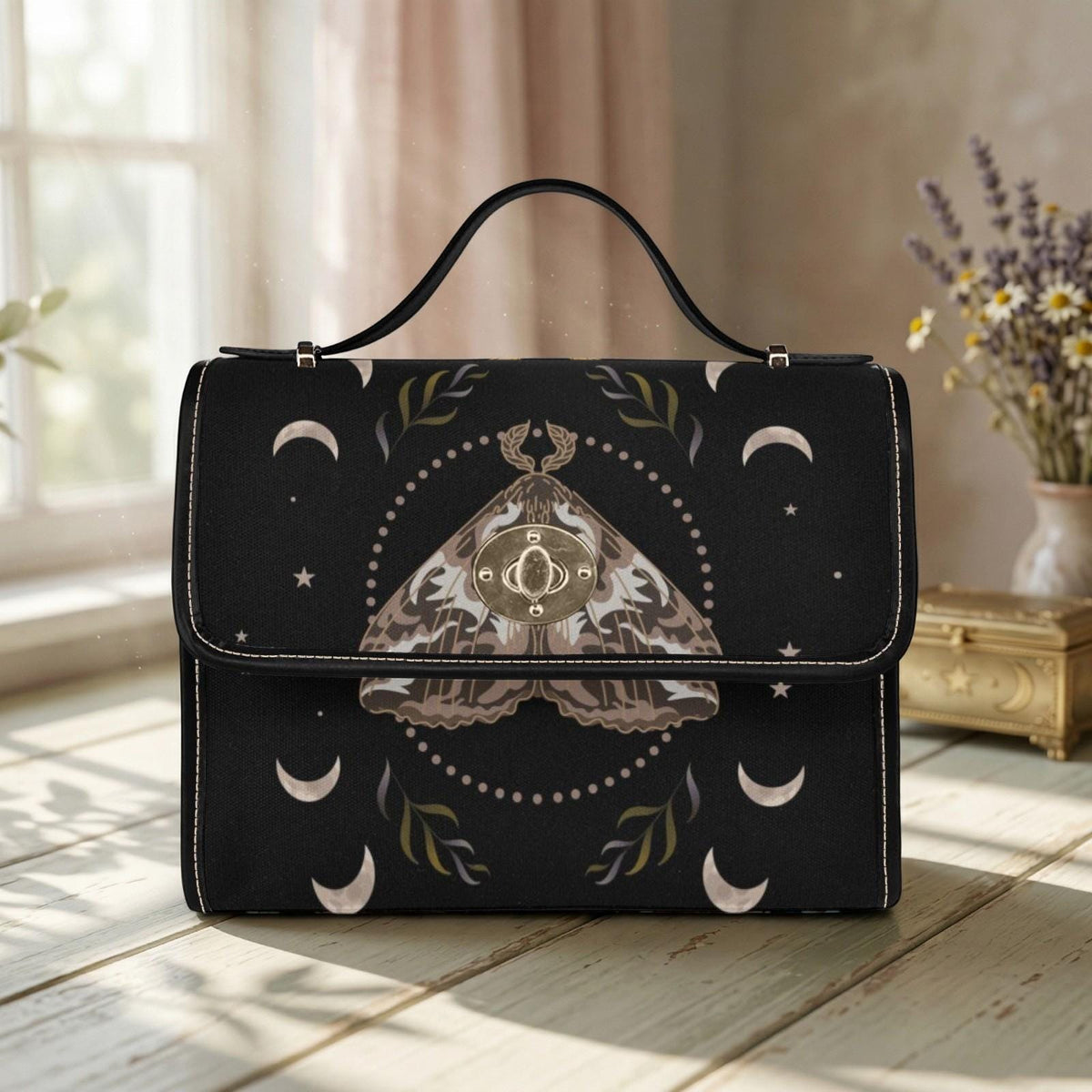 Moth Moon Handbag, Gothic Crossbody Purse, Celestial Top Handle Bag