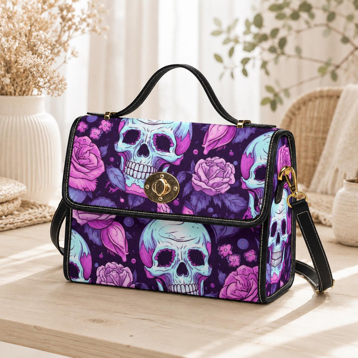 Pastel Skull Floral Crossbody Bag, Soft Goth Handbag, Witchy Accessory